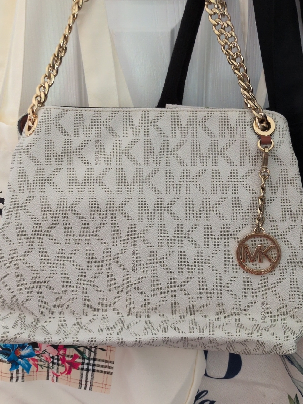 Michael Kors Cream Logo Chain-Shoulder Bag with Gold Hardware No Call Outs